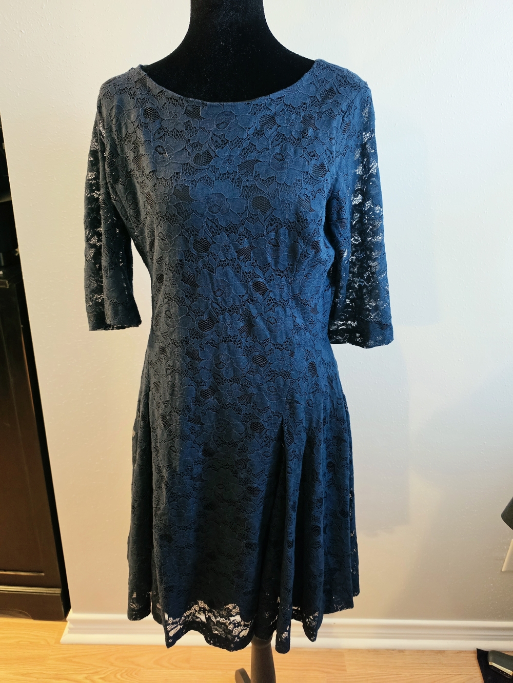 Betsey Johnson Navy Floral Lace Midi Bell Sleeve Dress